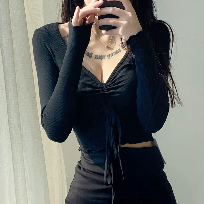 Hot selling drawstring pleated design short long-sleeved T-shirt (black) (S/M size) (contact customer service after placing the order to confirm the delivery size)