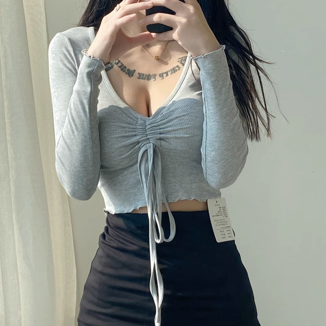 Hot selling drawstring pleated design short long-sleeved T-shirt (grey) (S/M size) (contact customer service after placing the order to confirm the delivery size)