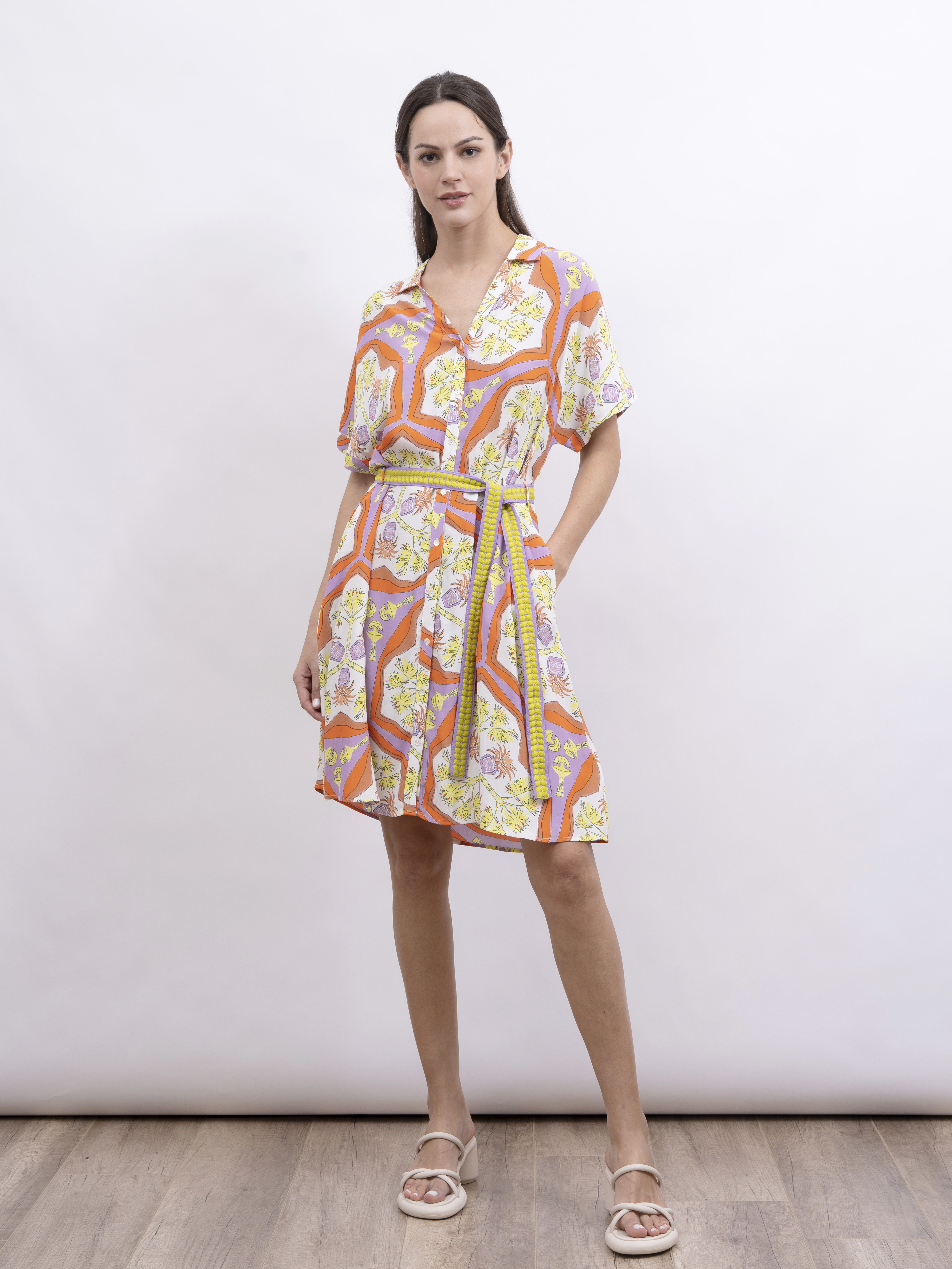 POM 印花V領恤衫連身裙