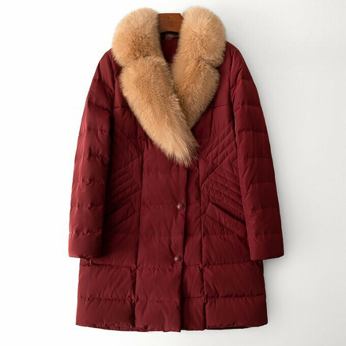Hot selling mid-length fox fur collar warm coat (M size) (maroon)