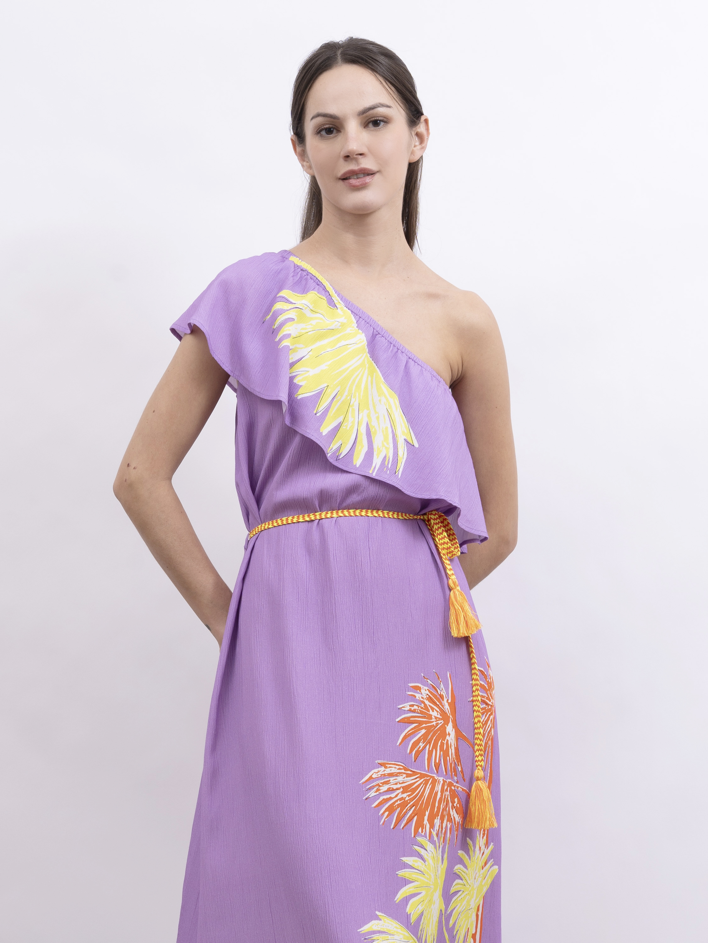 POM 印花露肩連身長裙