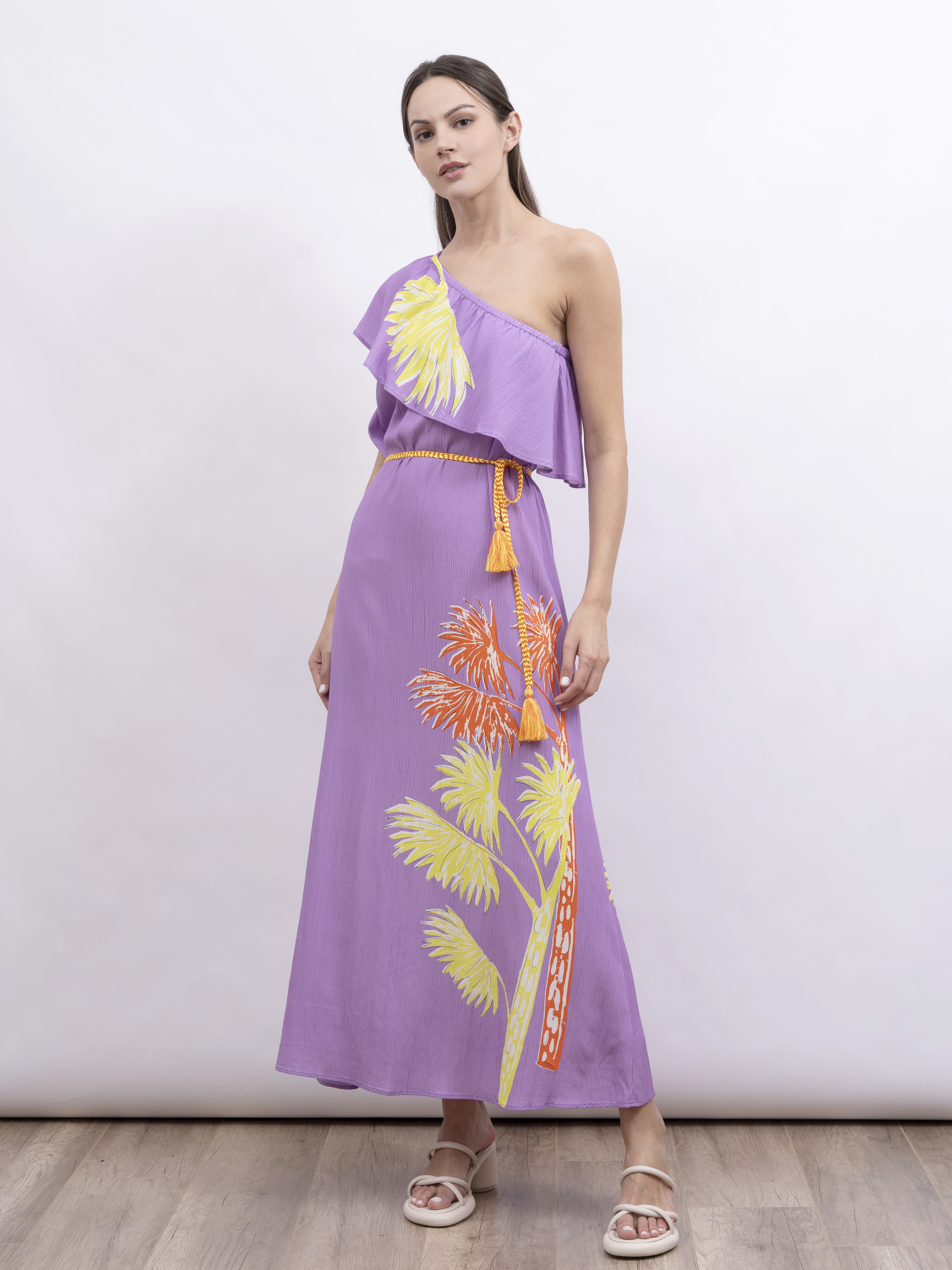 POM 印花露肩連身長裙