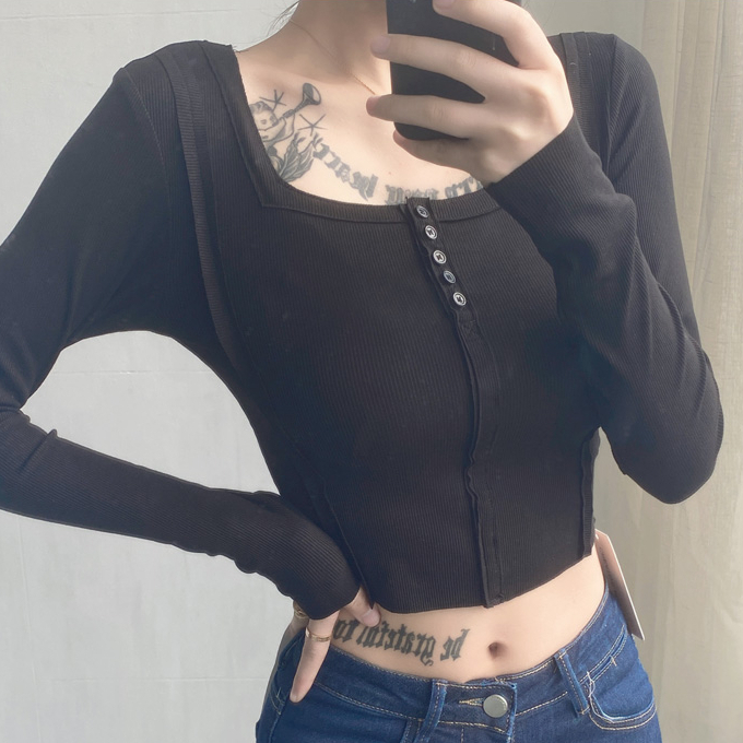 Hot seller collared long-sleeved navel-baring T-shirt (black) (S-L size) (contact customer service after placing the order to confirm the delivery size)