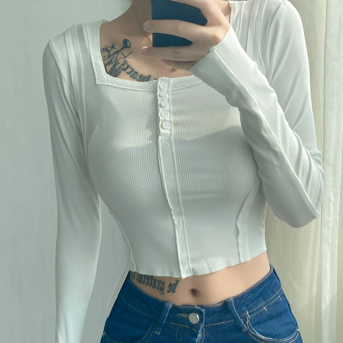 Hot seller collared long-sleeved navel-baring T-shirt (white) (S-L size) (contact customer service after placing the order to confirm the delivery size)