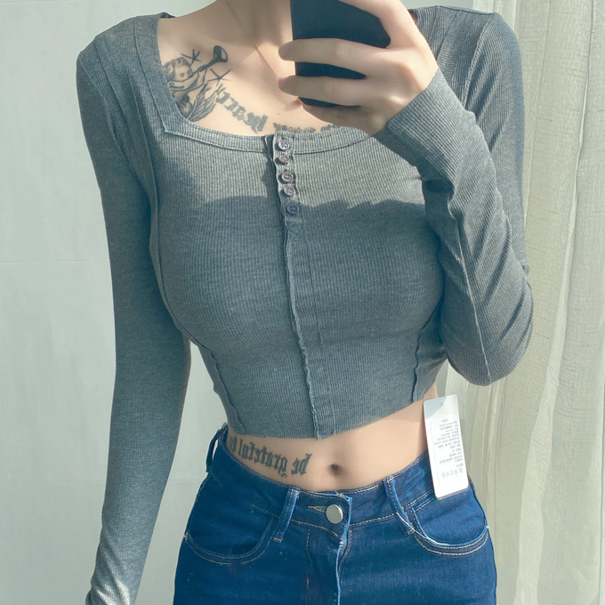 Hot seller collared long-sleeved navel-baring T-shirt (dark gray) (S-L size) (contact customer service after placing the order to confirm the delivery size)