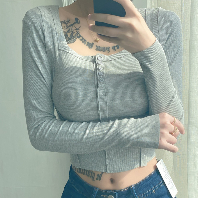 Hot seller collared long-sleeved navel-baring T-shirt (light gray) (S-L size) (contact customer service after placing the order to confirm the delivery size)