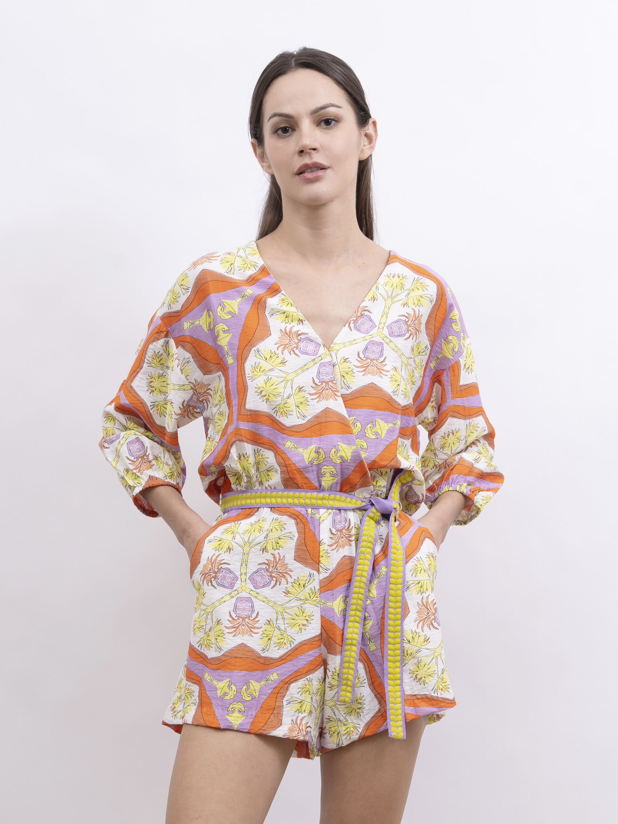 POM 印花V領短袖連身褲