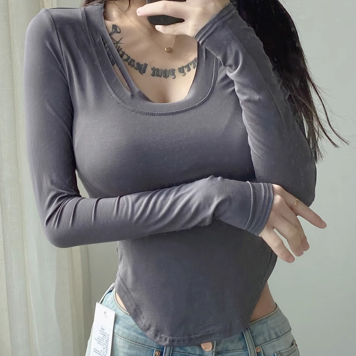 Hot selling ripped hole hollow long-sleeved T-shirt (charcoal gray) (S/M size) (contact customer service after placing the order to confirm the delivery size)