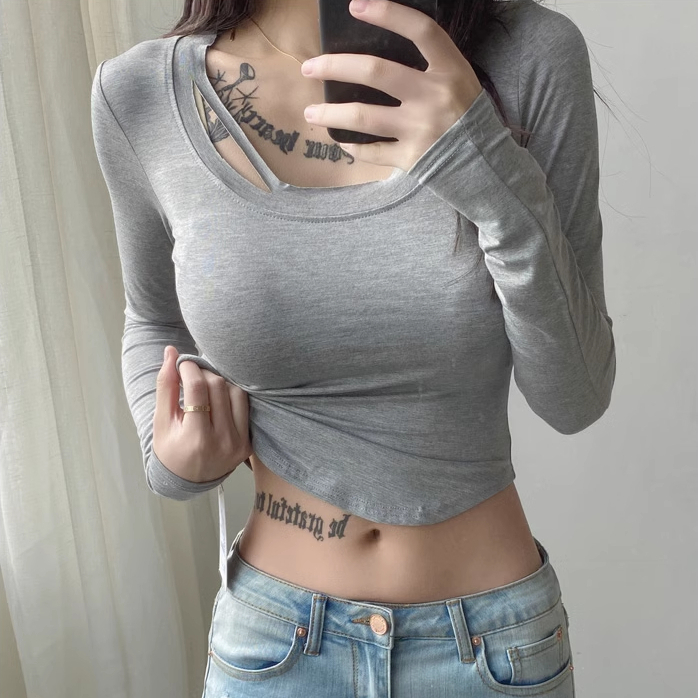 Hot selling ripped hole hollow long-sleeved T-shirt (light gray) (S/M size) (contact customer service after placing the order to confirm the delivery size)
