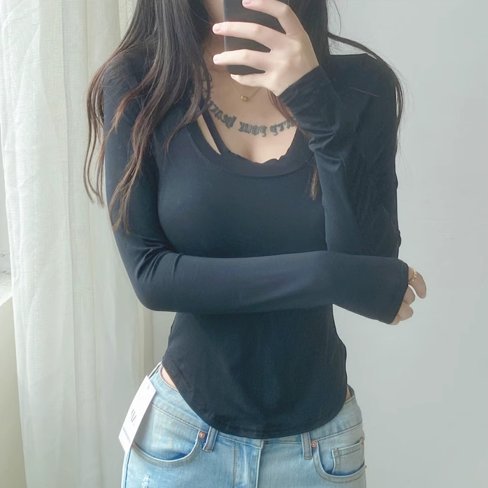 Hot selling ripped hole hollow long-sleeved T-shirt (black) (S/M size) (contact customer service after placing the order to confirm the delivery size)