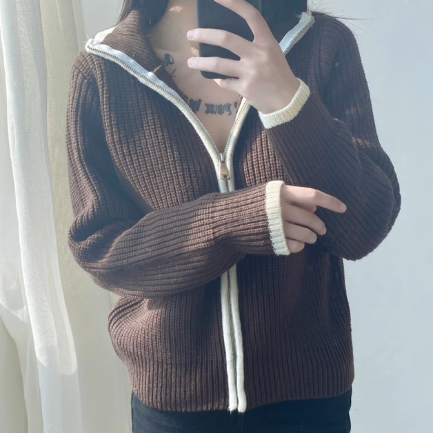 熱賣撞色衣門襟拉鍊毛衣(咖色)(S/M碼)(下單後聯絡客服確認發貨尺碼)