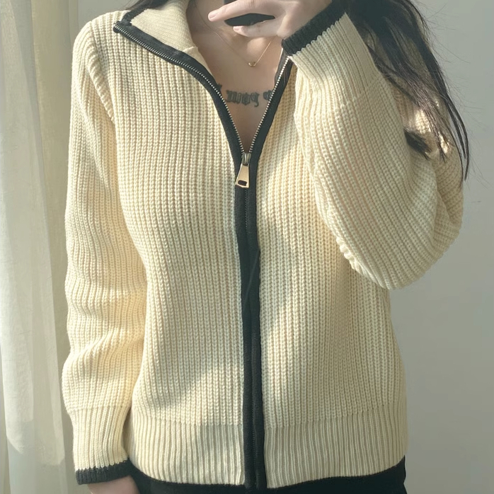 熱賣撞色衣門襟拉鍊毛衣(杏色)(S/M碼)(下單後聯絡客服確認發貨尺碼)