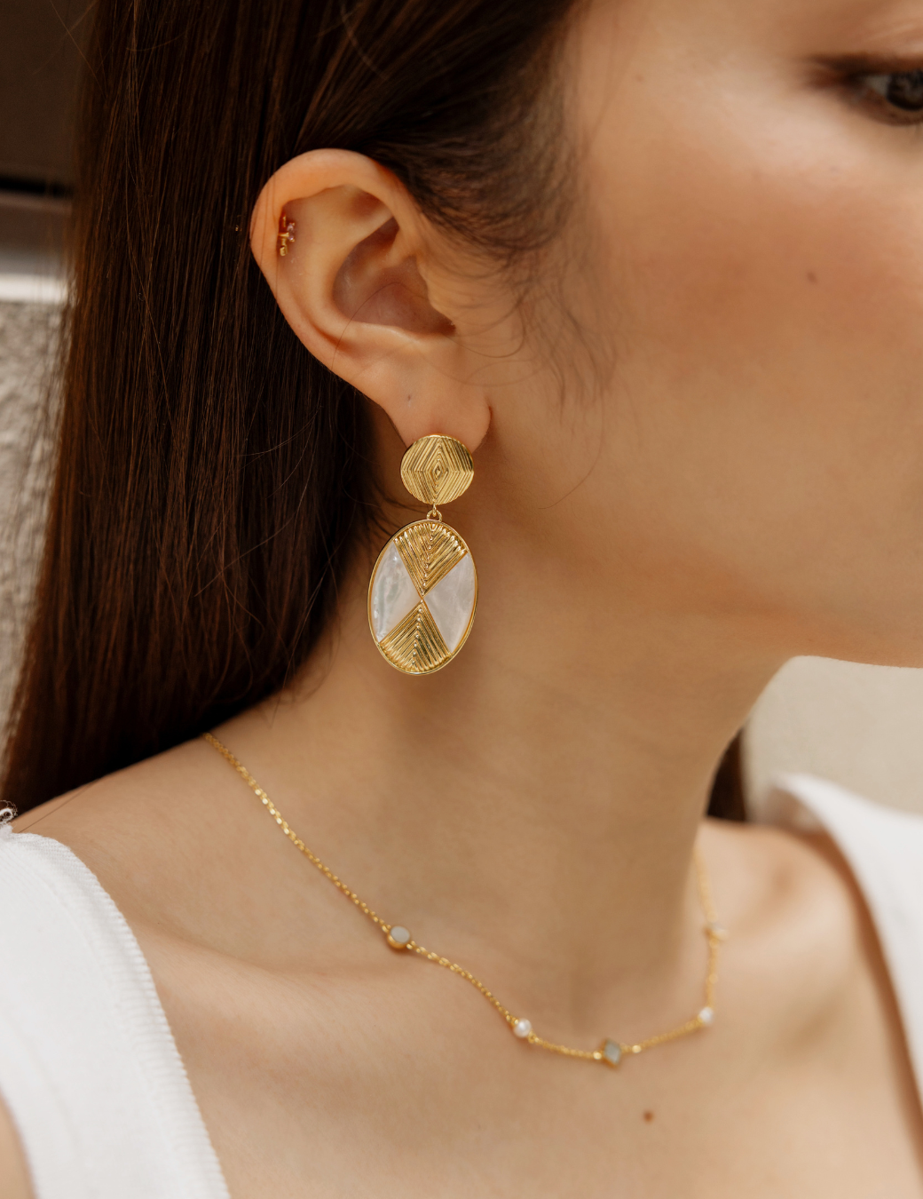 復古拼接母貝耳環（金色）