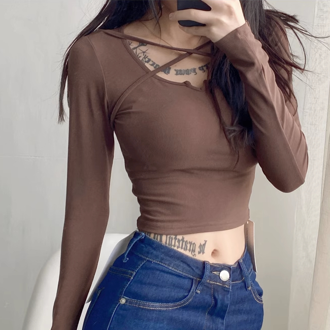 Hot selling small V-neck cross strap bottoming shirt (coffee) (S-L size) (contact customer service after placing the order to confirm the delivery size)