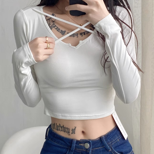 Hot selling small V-neck cross strap bottoming shirt (white) (S-L size) (contact customer service after placing the order to confirm the delivery size)