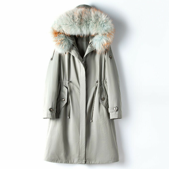 Hot selling raccoon fur collar rabbit fur liner jacket (M/L size) (gray green with green bottom and orange tip) (contact customer service after placing the order to confirm the delivery size)