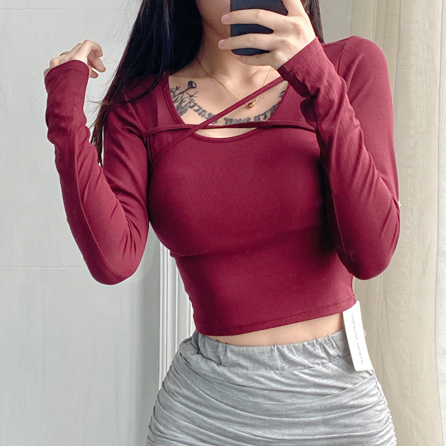 Hot selling cross-tie long-sleeved bottoming T-shirt (maroon) (S-L size) (contact customer service after placing the order to confirm the delivery size)