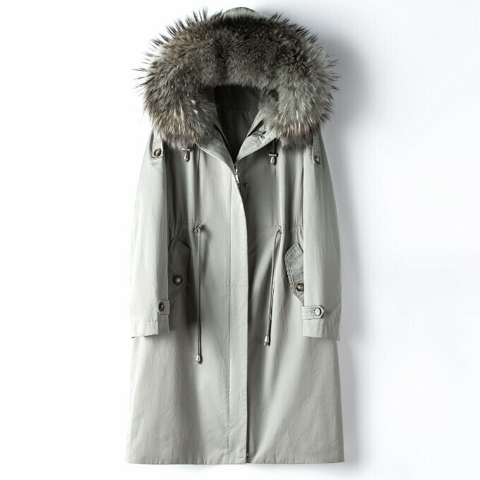 Hot selling raccoon fur collar rabbit fur liner jacket (M/L size) (grey green) (contact customer service after placing the order to confirm the delivery size)