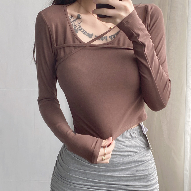 Hot selling cross-tie long-sleeved bottoming T-shirt (coffee) (S-L size) (contact customer service after placing the order to confirm the delivery size)