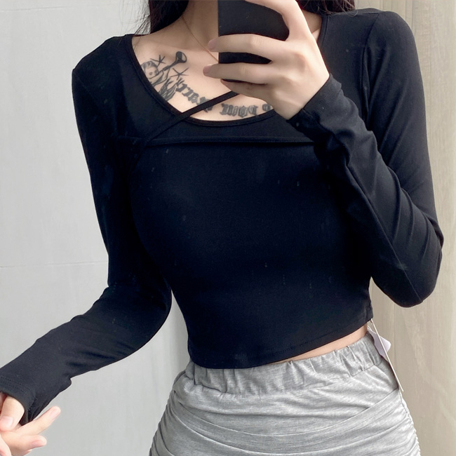 Hot selling cross-tie long-sleeved bottoming T-shirt (black) (S-L size) (contact customer service after placing the order to confirm the delivery size)