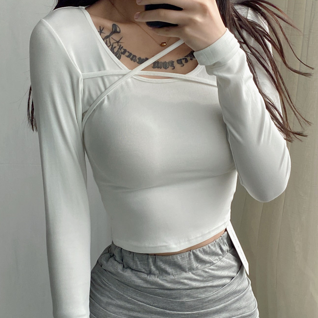 Hot selling cross-tie long-sleeved bottoming T-shirt (white) (S-L size) (contact customer service after placing the order to confirm the delivery size)
