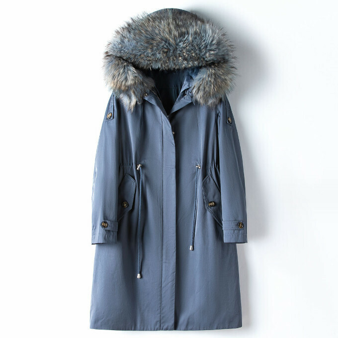 Hot selling raccoon fur collar rabbit fur liner jacket (M/L size) (blue) (contact customer service after placing the order to confirm the delivery size)