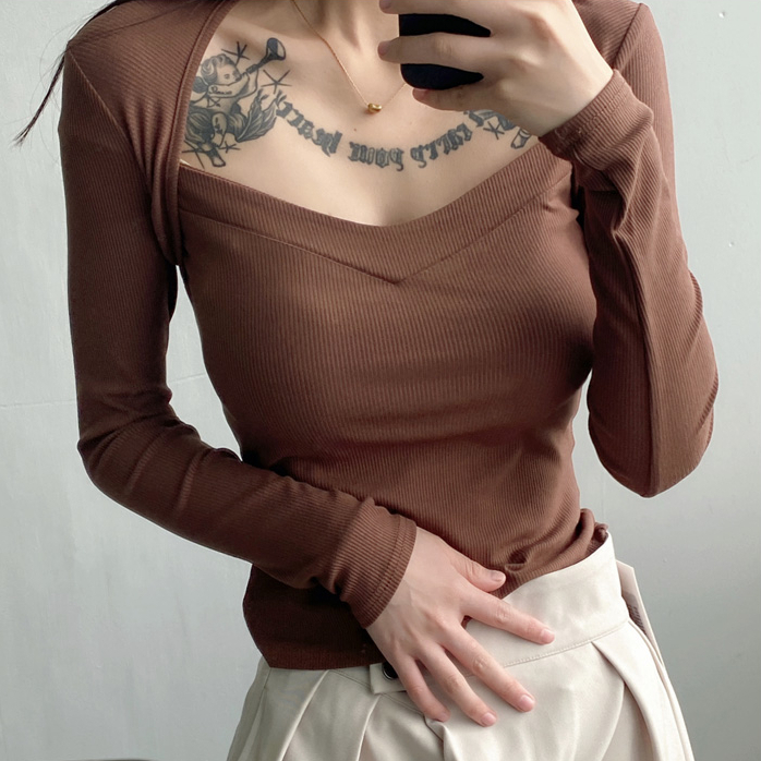 Hot seller collar long-sleeved T-shirt (brown) (S/M size) (contact customer service after placing the order to confirm the delivery size)