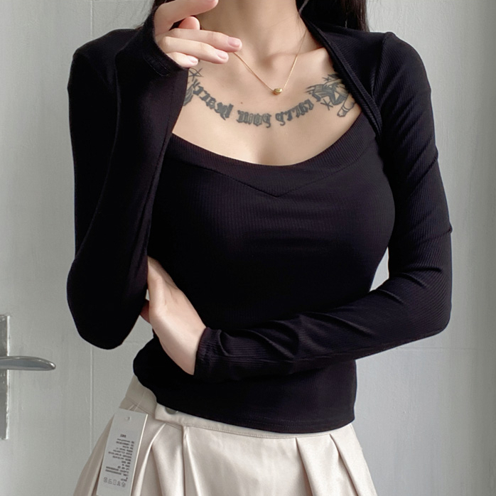 Hot seller collar long-sleeved T-shirt (black) (S/M size) (contact customer service after placing order to confirm delivery size)