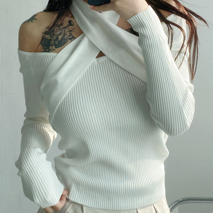 Hot selling halterneck cross off-shoulder knitted bottoming shirt (white) (S/M size) (contact customer service after placing the order to confirm the delivery size)