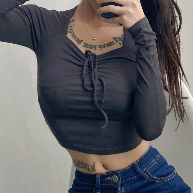 Hot Selling Boat Collar Short Navel-Baring Long Sleeve T-Shirt (Dark Gray) (S-L Size) (Contact customer service after placing the order to confirm the delivery size)