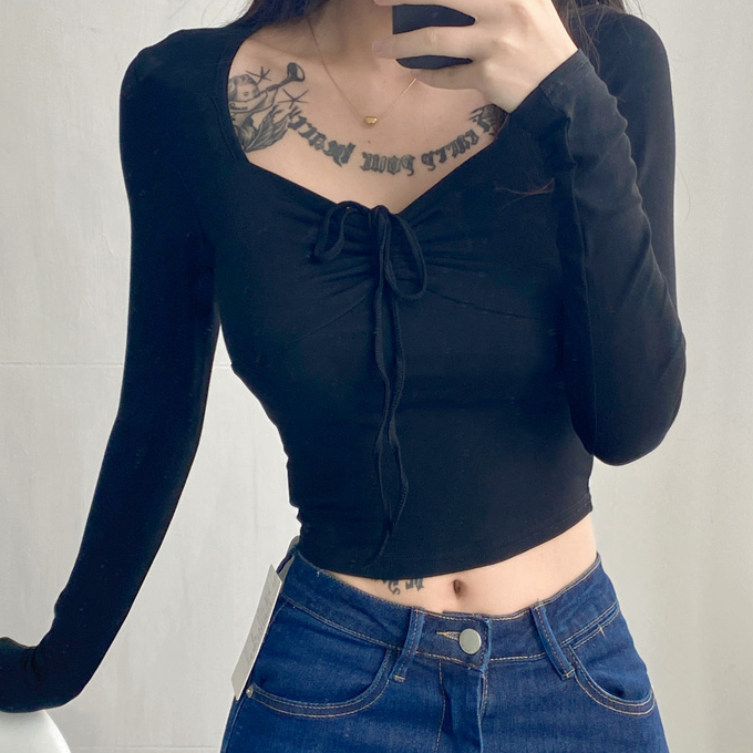 Hot selling bateau neck short navel-baring long-sleeved T-shirt (black) (S-L size) (contact customer service after placing the order to confirm the delivery size)