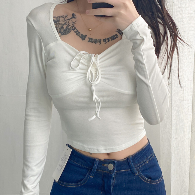 Hot selling one-piece neckline short navel-baring long-sleeved T-shirt (white) (size S-L) (contact customer service after placing the order to confirm the delivery size)
