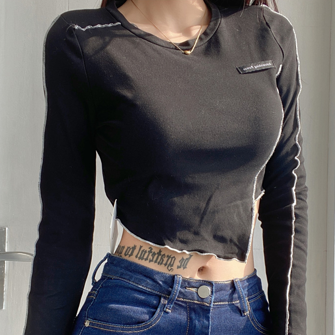 Hot selling irregular hem short T-shirt (black) (S/M size) (contact customer service after placing the order to confirm the delivery size)