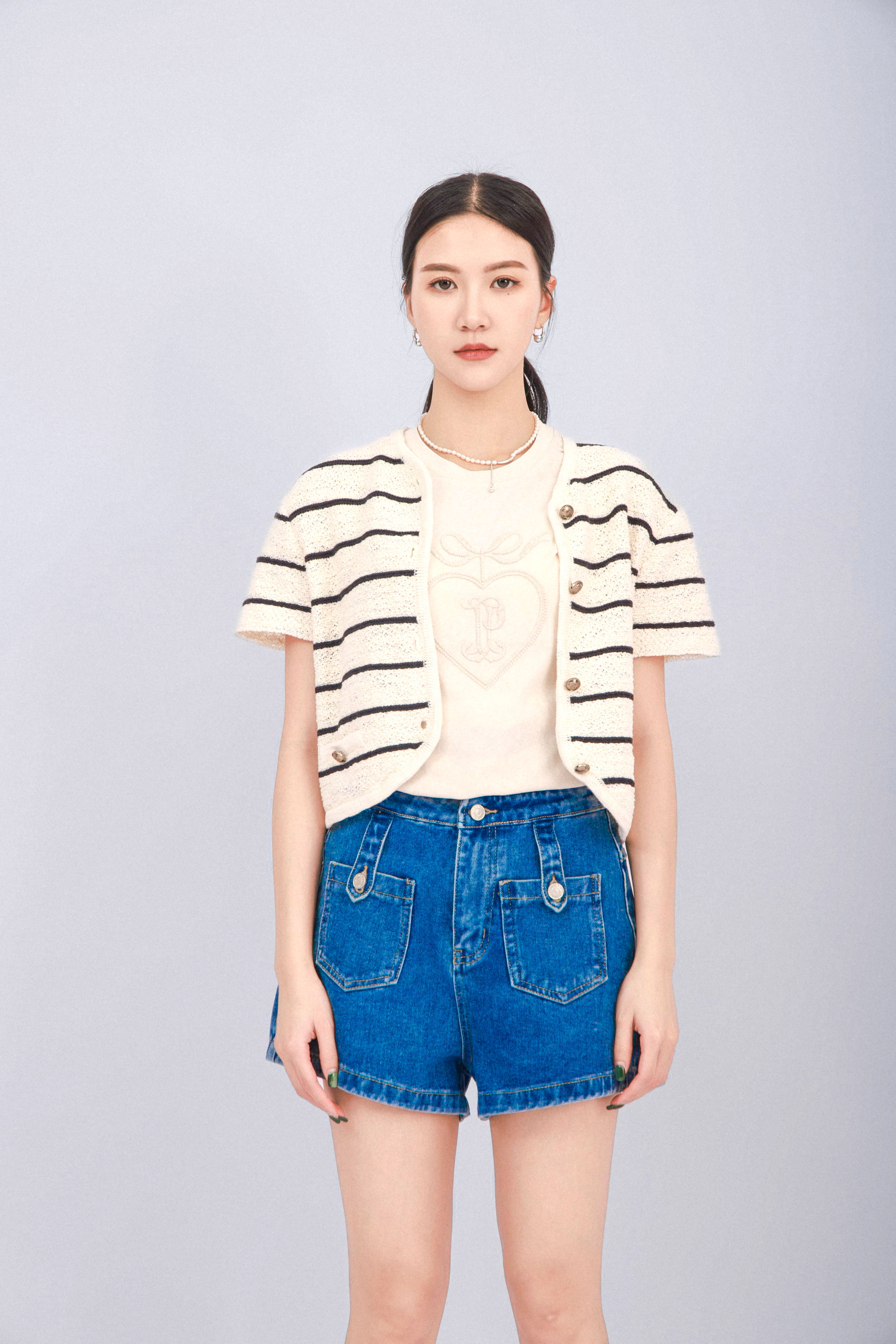 粗幼線針織橫間短袖外套 (現貨款式）