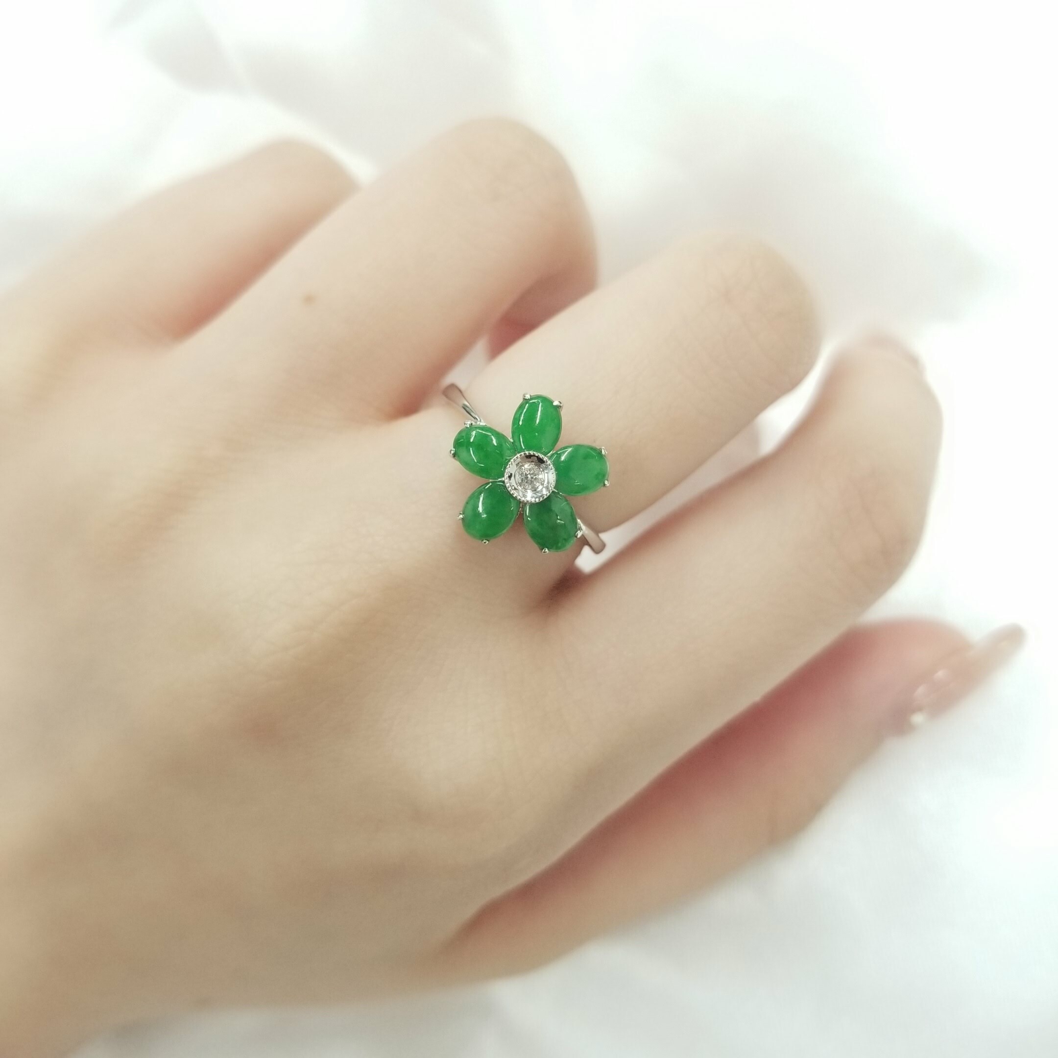 全新18K白金翡翠配3份鑽石戒指