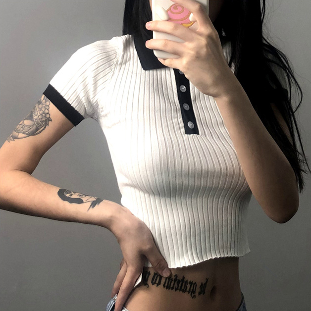 Hot selling short knitted T-shirt (black collar) (S/M size) (contact customer service after placing order to confirm delivery size)