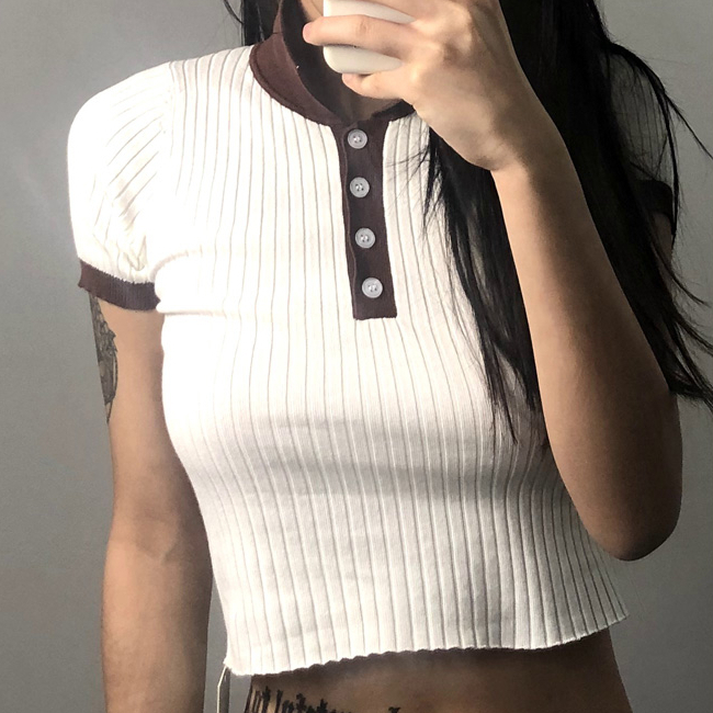 Hot selling short knitted T-shirt (brown collar) (S/M size) (contact customer service after placing the order to confirm the delivery size)