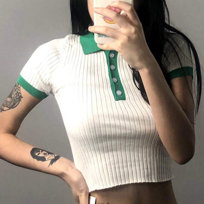 Hot selling short knitted T-shirt (green collar) (S/M size) (contact customer service after placing the order to confirm the delivery size)