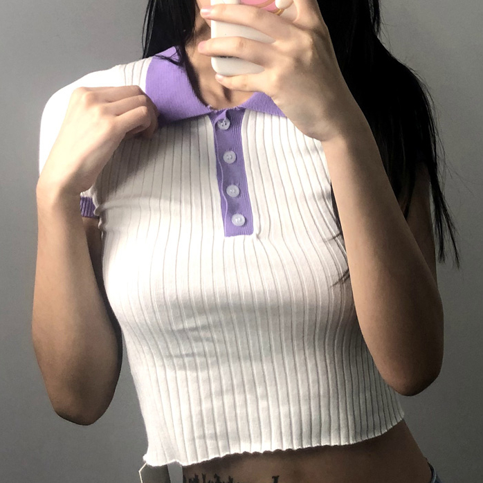 Hot selling short knitted T-shirt (purple collar) (S/M size) (contact customer service after placing order to confirm delivery size)