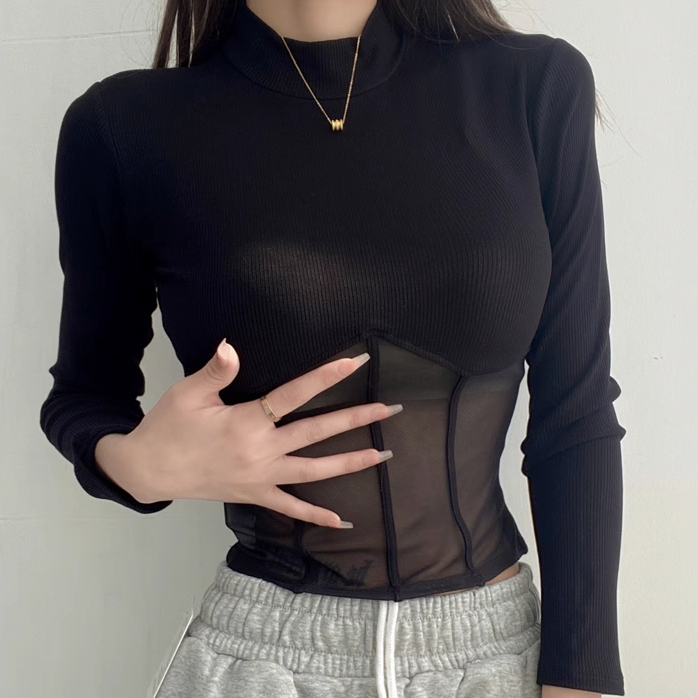 Hot selling mesh spliced ​​long-sleeved T-shirt (black) (S/M size) (contact customer service after placing the order to confirm the delivery size)