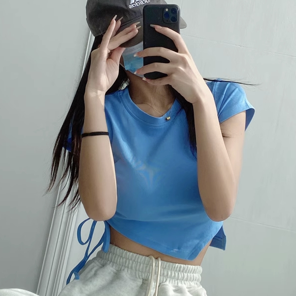 Hot selling short irregular hem drawstring T-shirt (blue) (S-L size) (contact customer service after placing the order to confirm the delivery size)