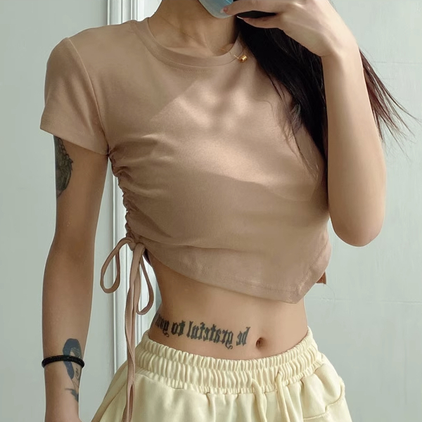 Hot selling short irregular hem drawstring T-shirt (coffee) (S-L size) (contact customer service after placing the order to confirm the delivery size)