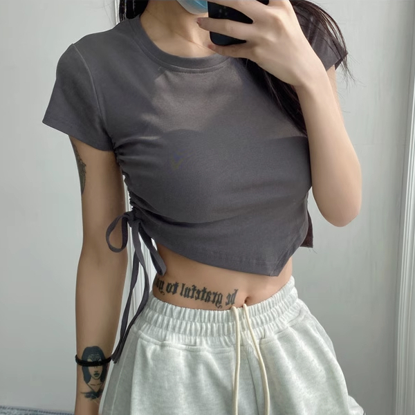 Hot selling short irregular hem drawstring T-shirt (grey) (S-L size) (contact customer service after placing the order to confirm the delivery size)