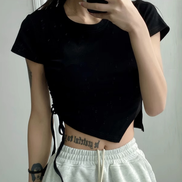 Hot selling short irregular hem drawstring T-shirt (black) (S-L size) (contact customer service after placing the order to confirm the delivery size)