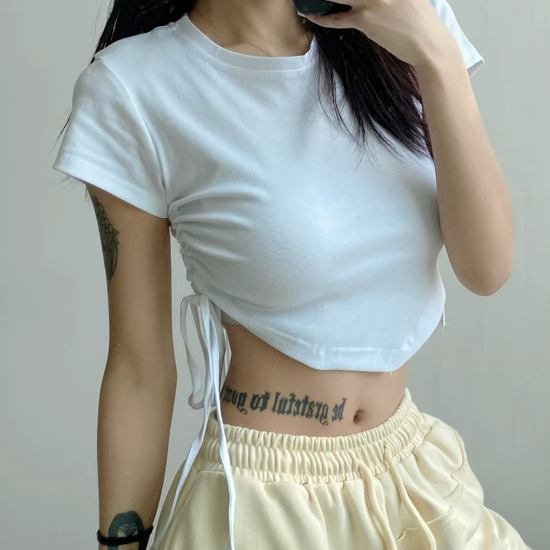 Hot selling short irregular hem drawstring T-shirt (white) (S-L size) (contact customer service after placing the order to confirm the delivery size)