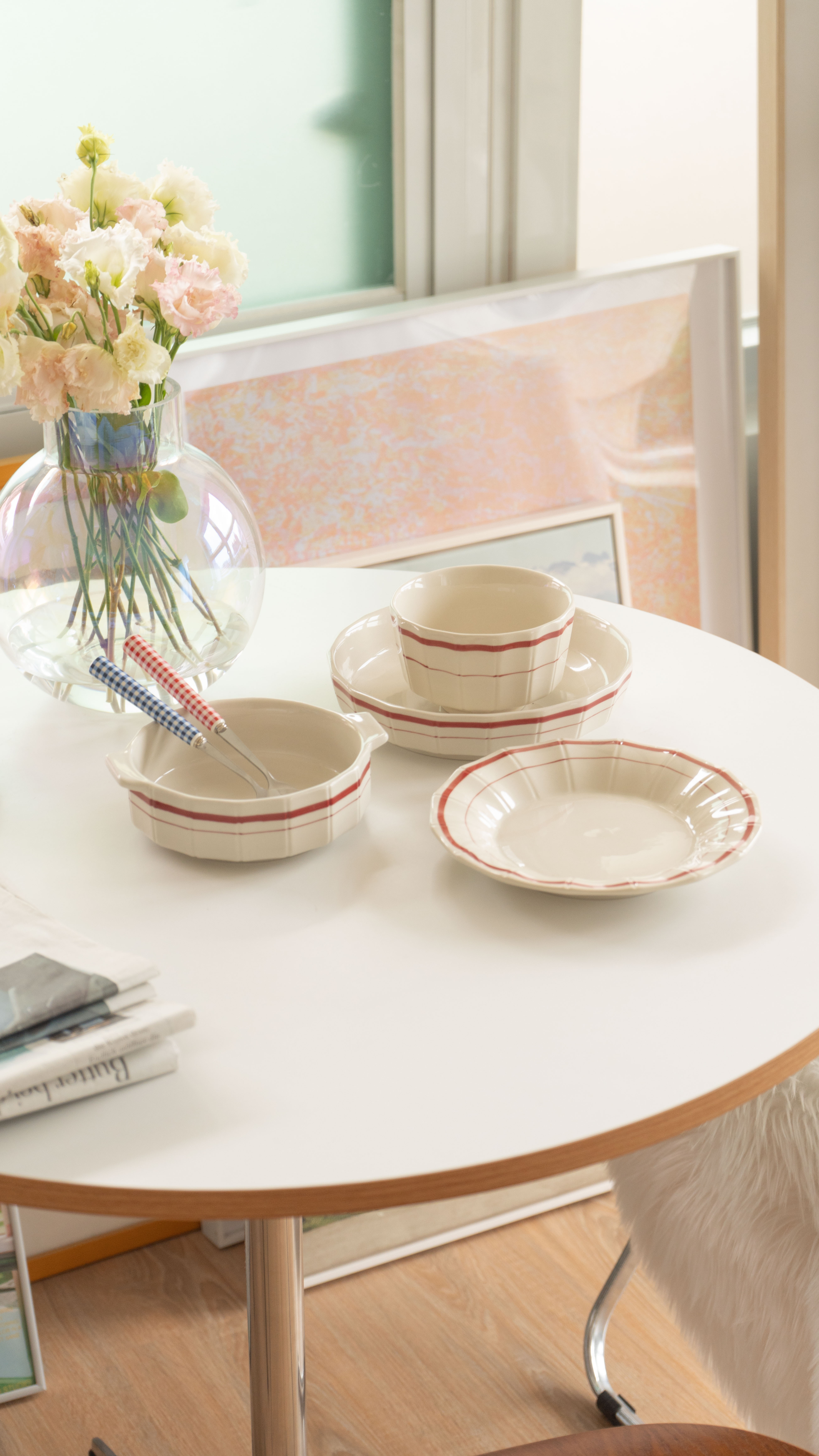 韓式紅線條碗盤組