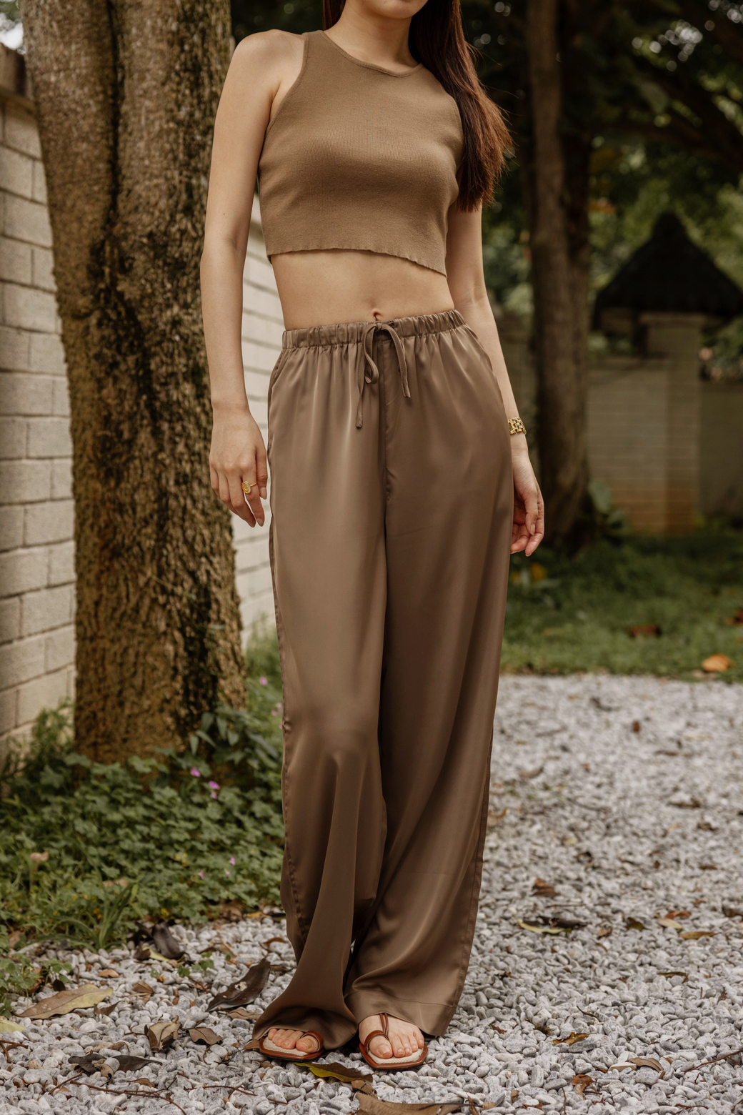 緞面綁繩落地寬褲（咖色/4尺寸）
