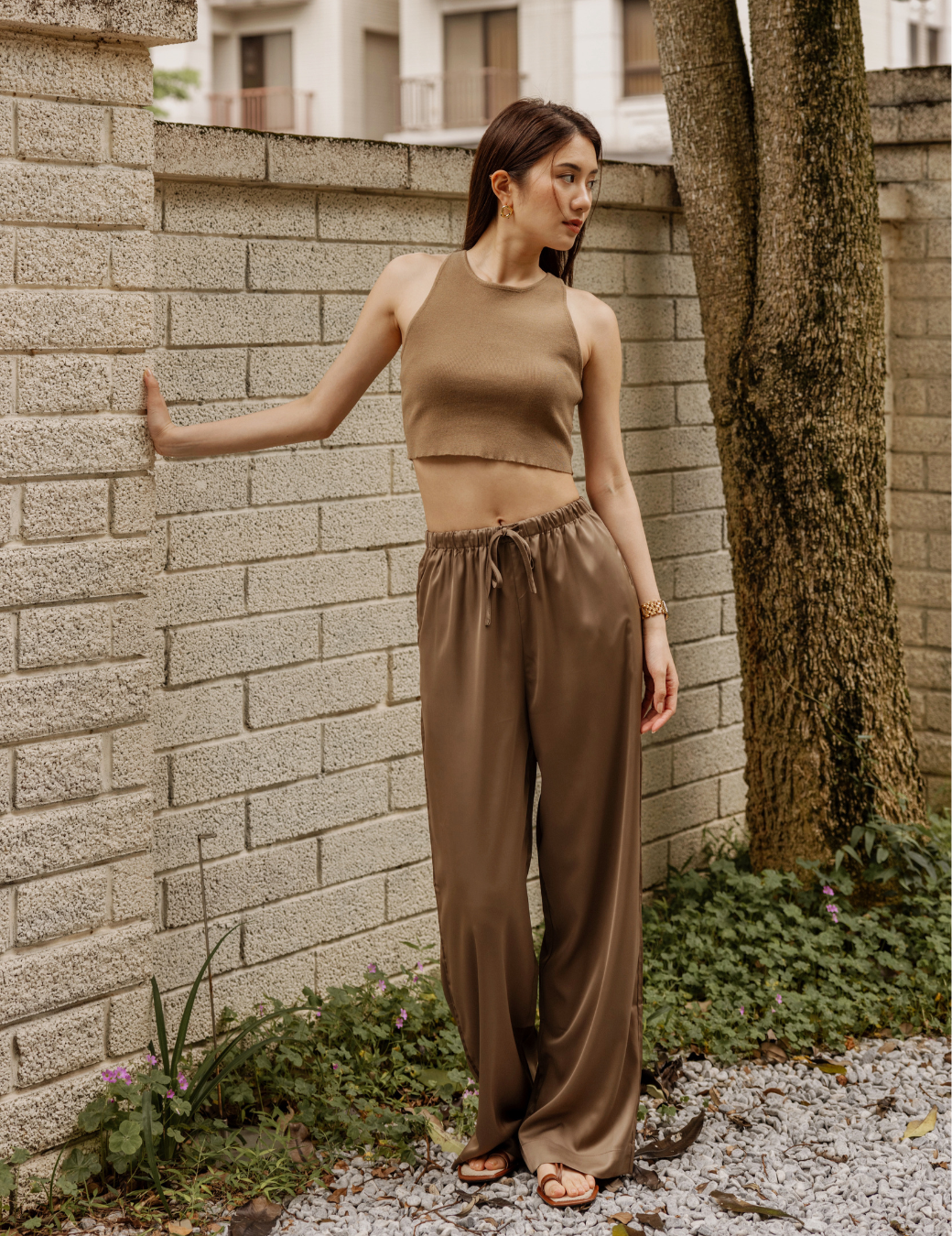 緞面綁繩落地寬褲（咖色/4尺寸）