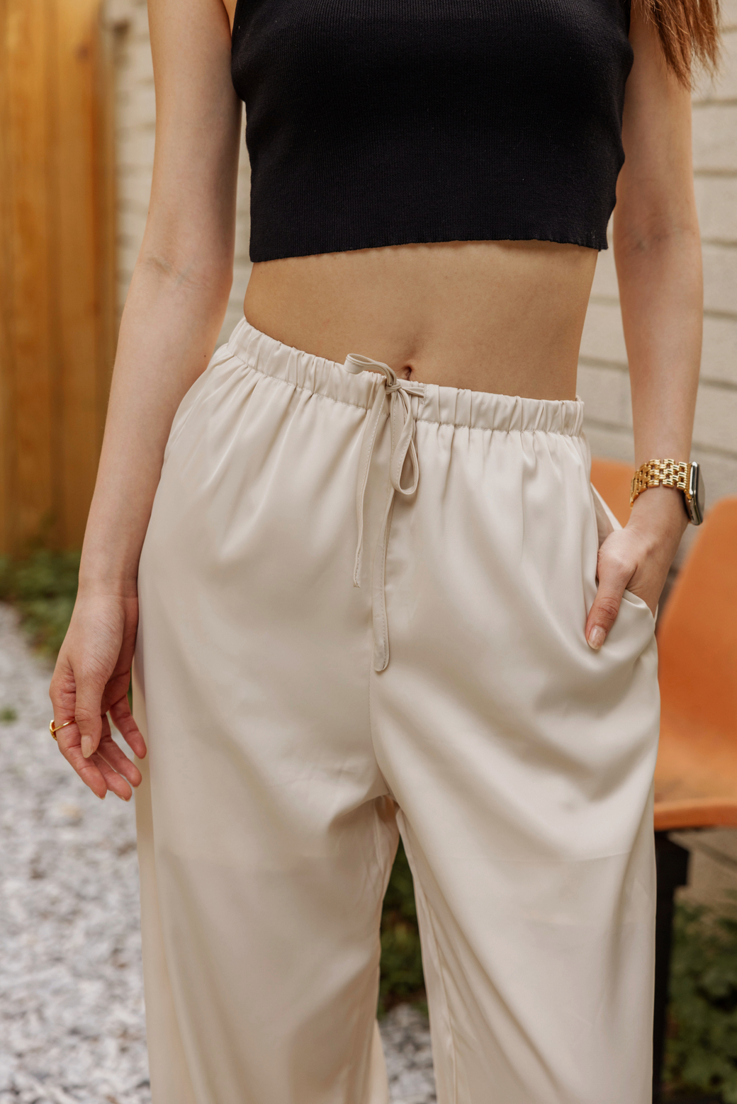 緞面綁繩落地寬褲（杏白色/4尺寸）