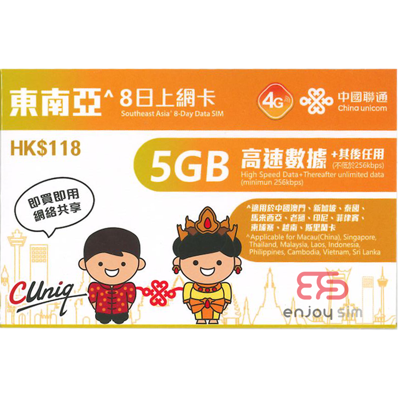 中國聯通 - 8日【東南亞】(首5GB高速數據) 4G 無限上網卡數據卡Sim咭